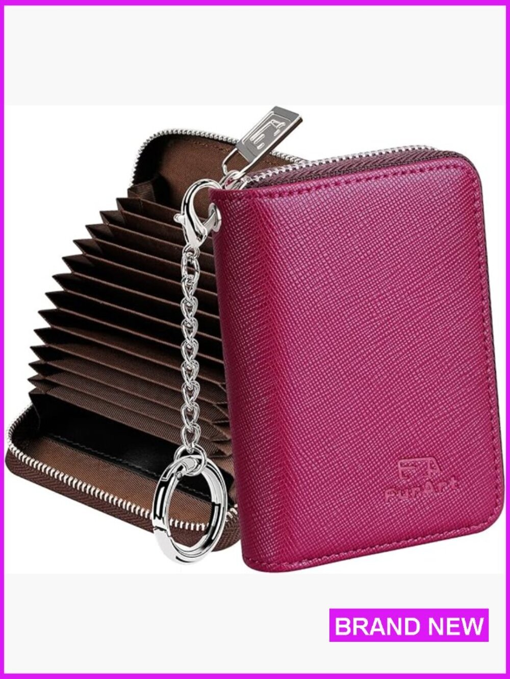 Compact RFID Blocking Zipper Wallet with Key Chain 16 Card Slots for Women